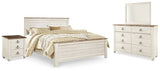 Willowton Whitewash King Bed with Dresser Mirror and Nightstand