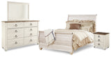 Willowton Whitewash Queen Sleigh Bed with Dresser Mirror and Nightstand